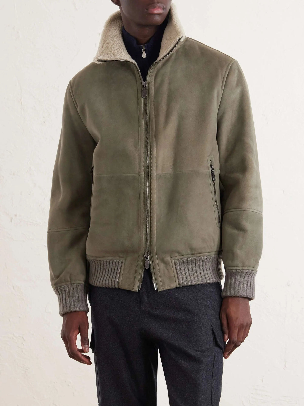 Men's Shearling Zip Up Ribbed Collar Jacket, House of Zeno
