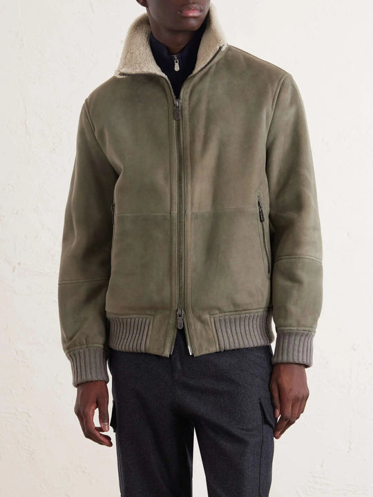 Men's Shearling Zip Up Ribbed Collar Jacket