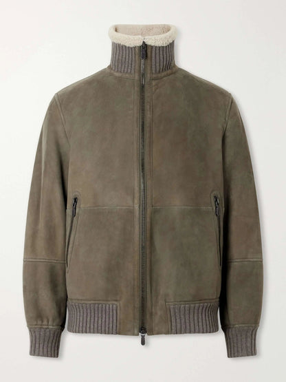 Men's Shearling Zip Up Ribbed Collar Jacket, view 3
