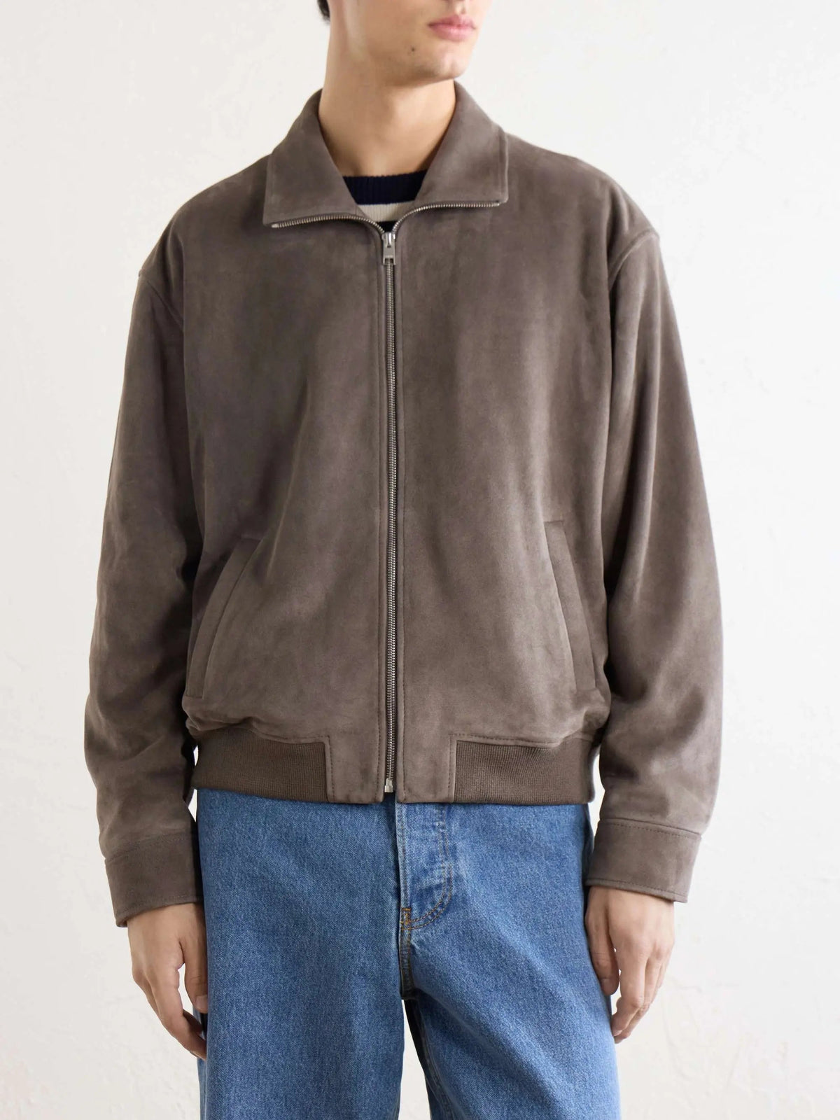 Men's Suede Zip Up Bomber Jacket with Ribbed Hem, House of Zeno
