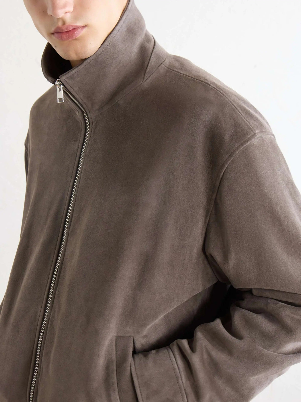 Men's Suede Zip Up Bomber Jacket with Ribbed Hem, view 2