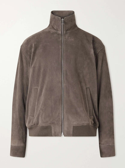 Men's Suede Zip Up Bomber Jacket with Ribbed Hem, view 3