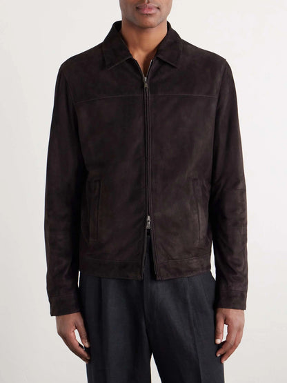 Men's Suede Zip Up Collared Bomber Jacket, House of Zeno