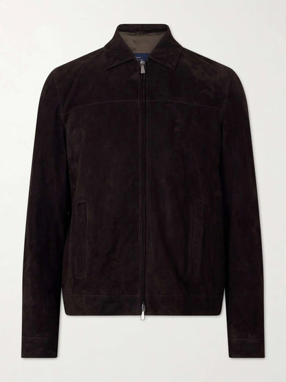 Men's Suede Zip Up Collared Bomber Jacket, view 3