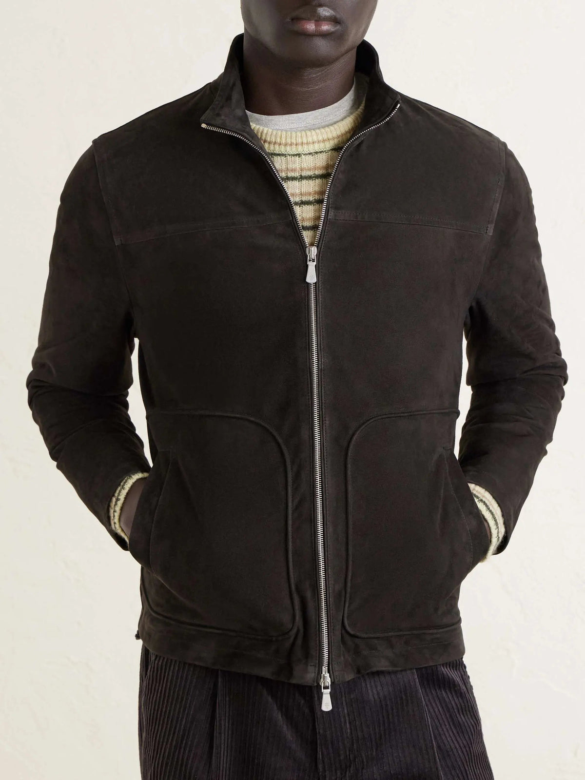 Men's Suede Zip Up Jacket Stand Collar, House of Zeno