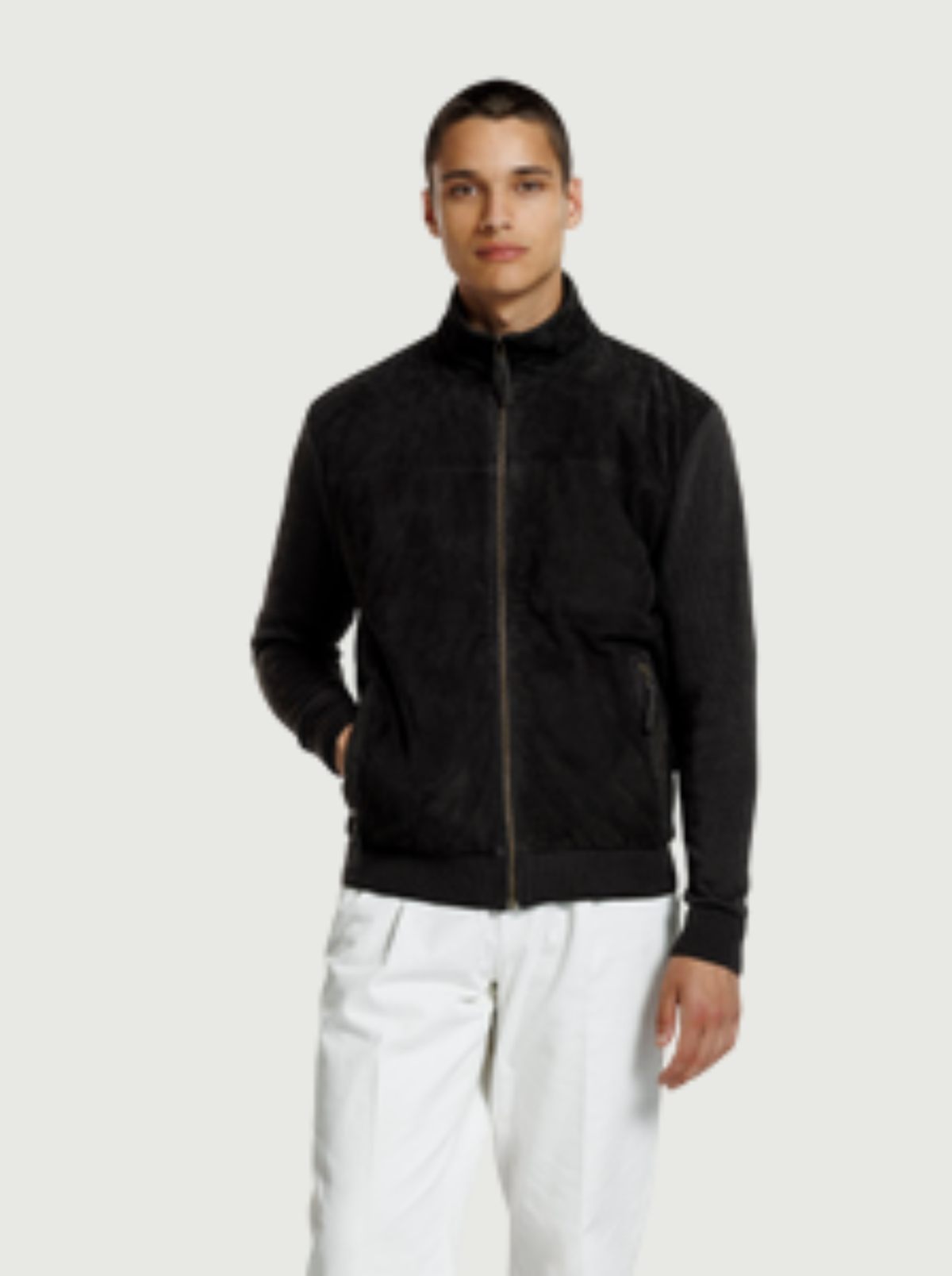 Men's Suede Zip Up Jacket with Ribbed Sleeves, view 2