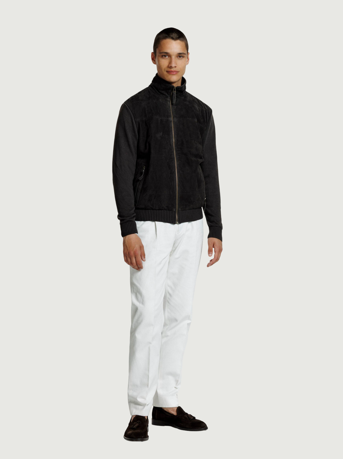 Men's Suede Zip Up Jacket with Ribbed Sleeves, view 3
