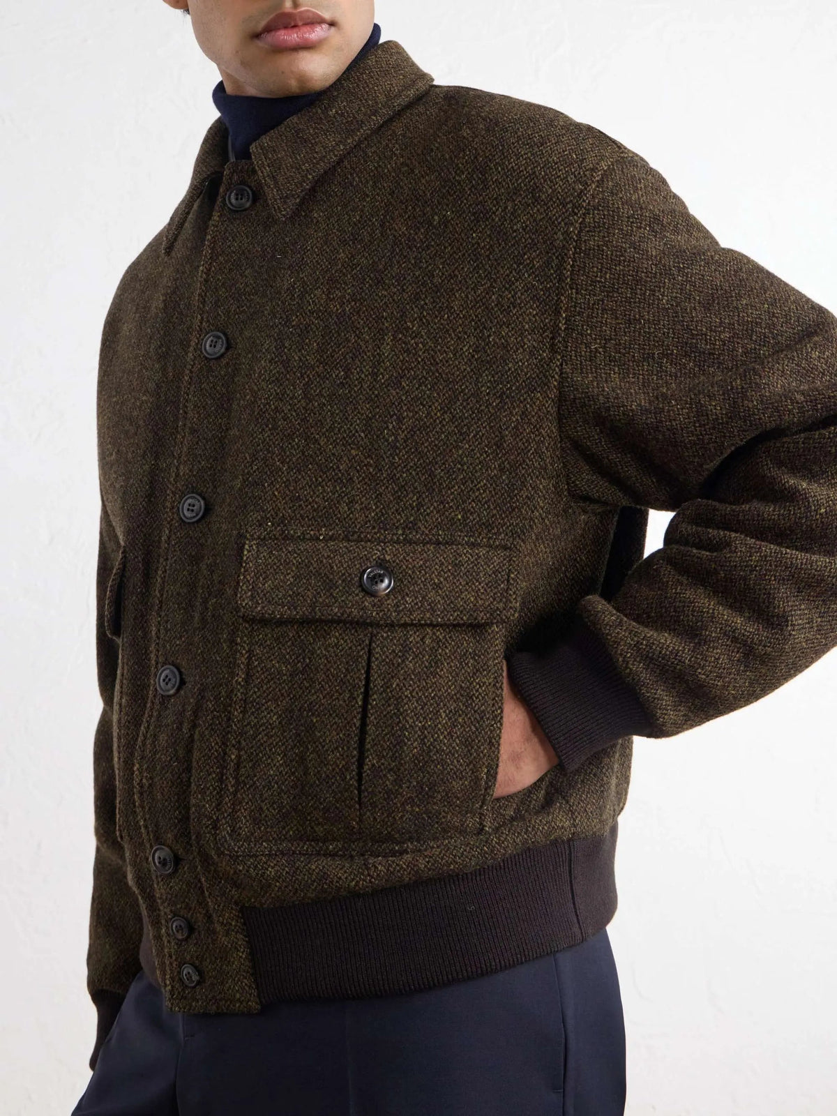Men's Wool Button Up Bomber Jacket with Flap Pockets, House of Zeno