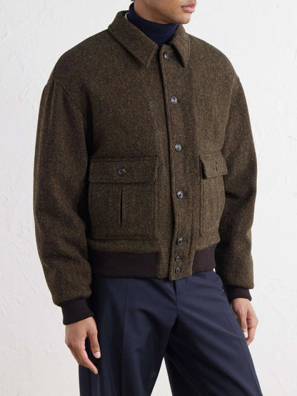 Men's Wool Button Up Bomber Jacket with Flap Pockets, view 2