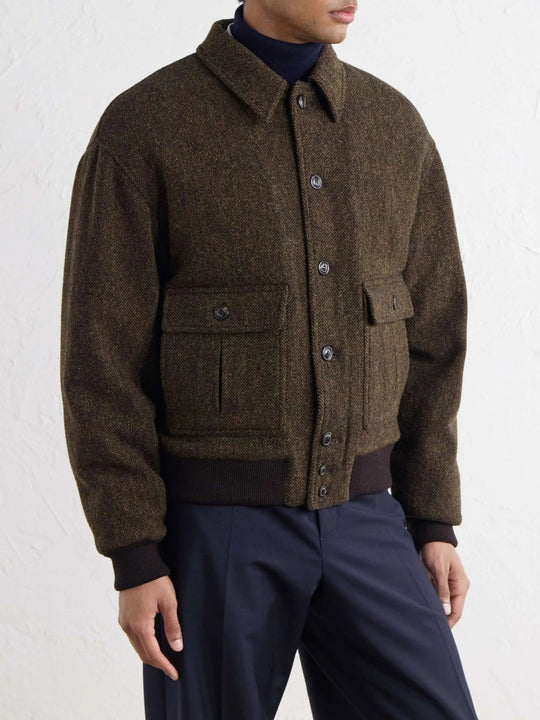 Men's Wool Button Up Bomber Jacket with Flap Pockets