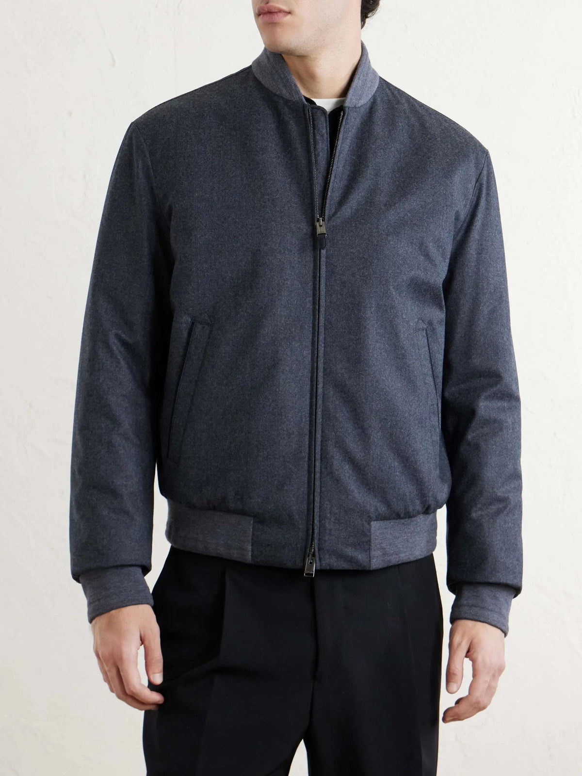 Men's Wool Zip Up Bomber Jacket with Ribbed Trim, House of Zeno