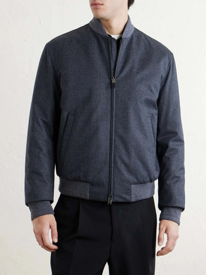 Men's Wool Zip Up Bomber Jacket with Ribbed Trim, House of Zeno