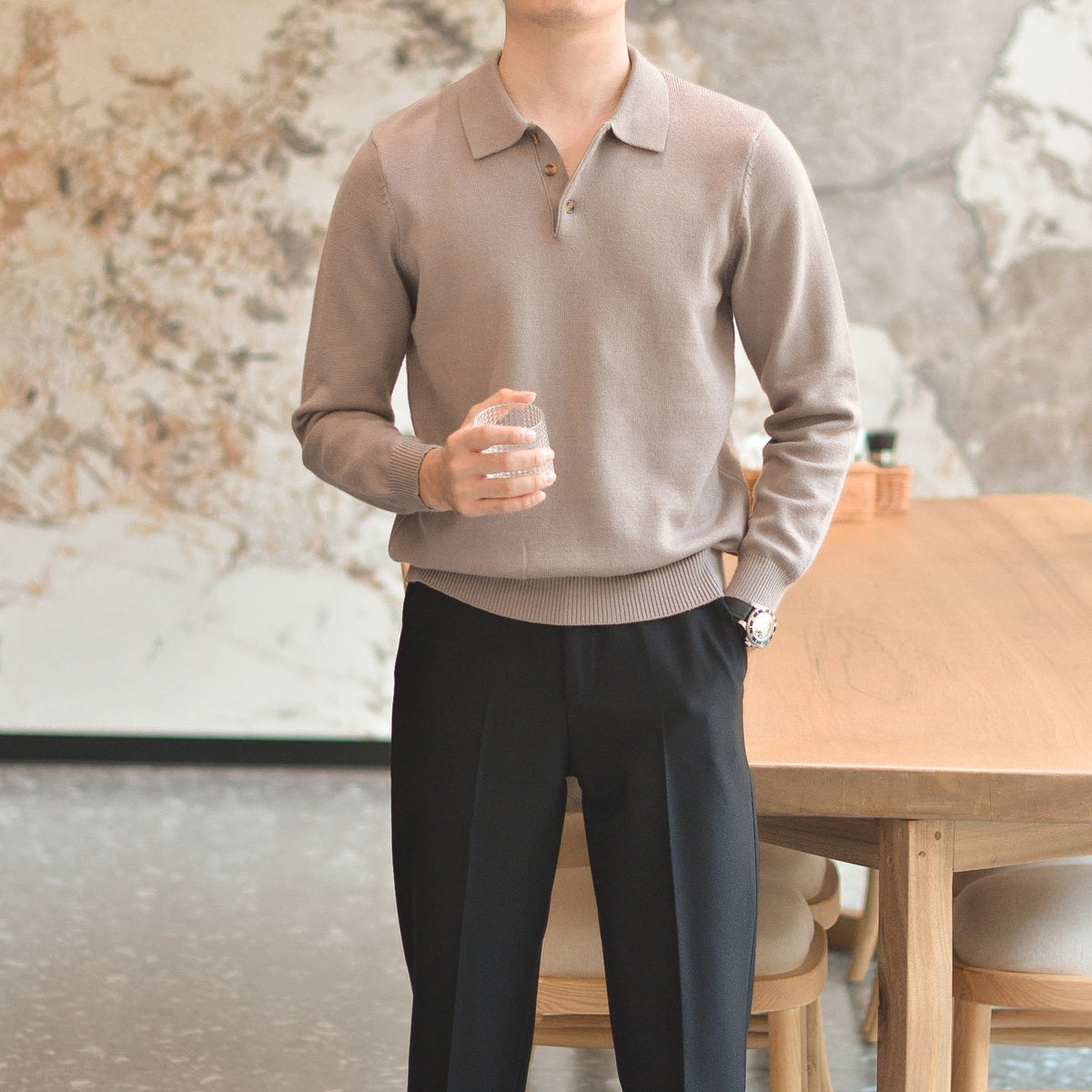 Slim Fit Knit Long-Sleeve Polo Shirt, view 20