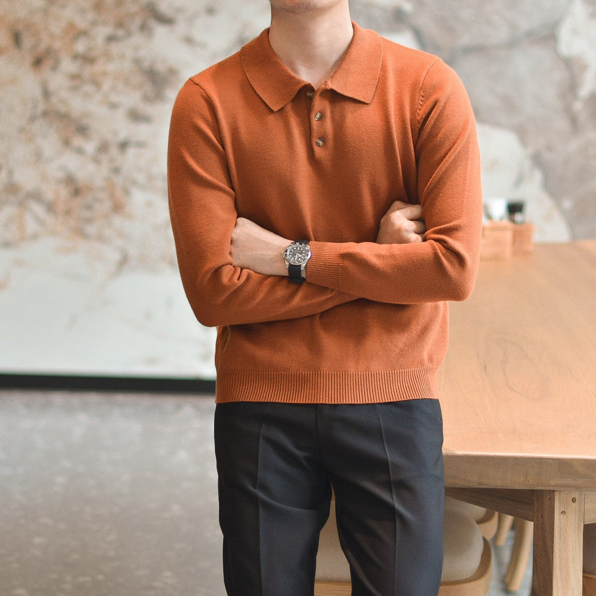 Slim Fit Knit Long-Sleeve Polo Shirt, view 23