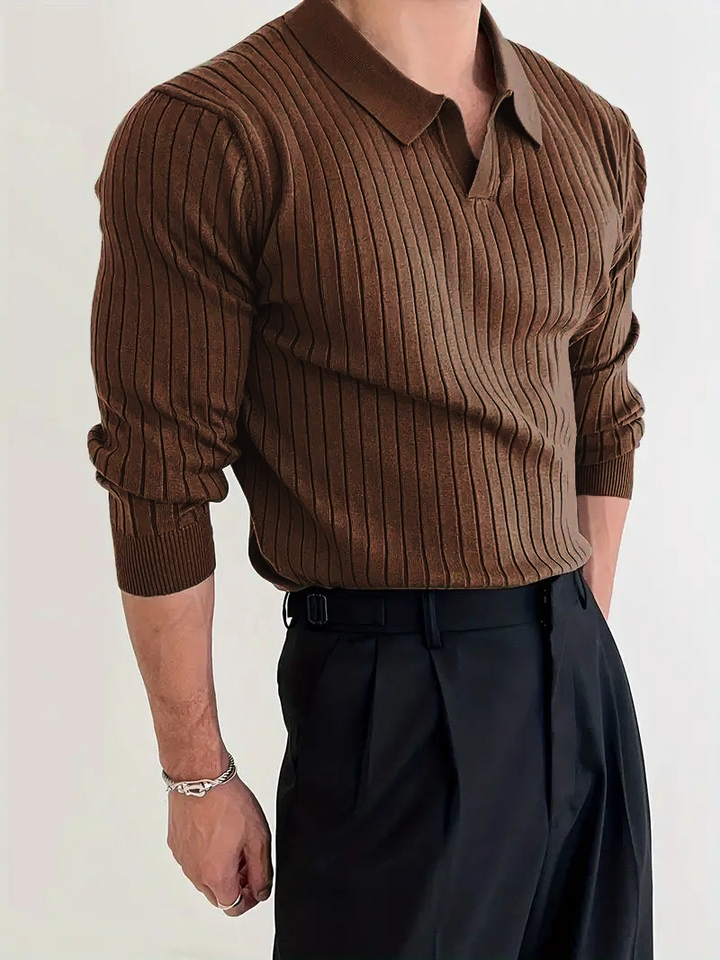 Textured Ribbed Knit Polo Shirt with Open Placket
