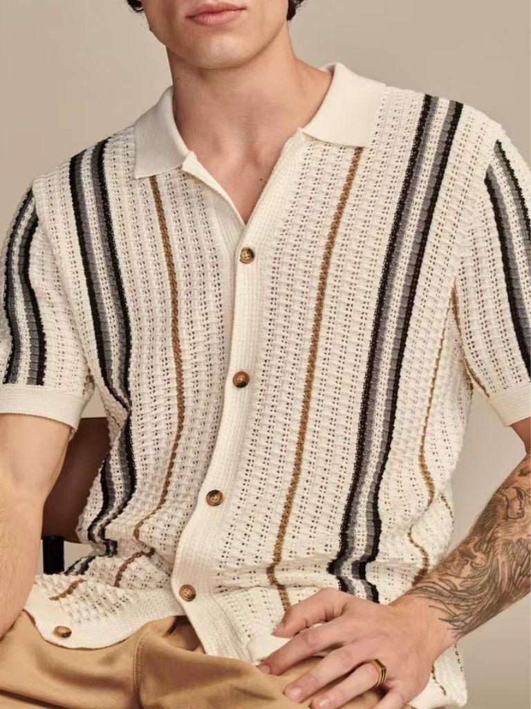 Open-Weave Knit Shirt with Vertical Stripes