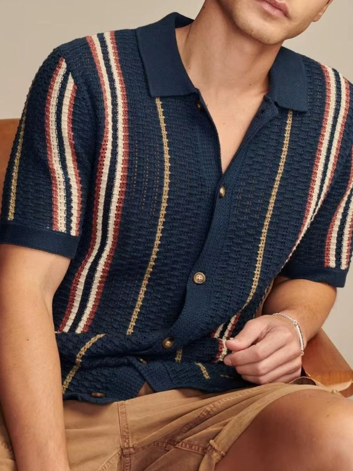 Open-Weave Knit Shirt with Vertical Stripes