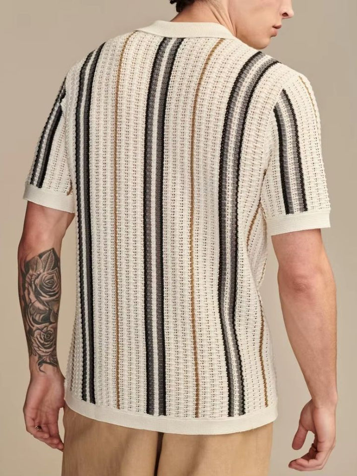Open-Weave Knit Shirt with Vertical Stripes