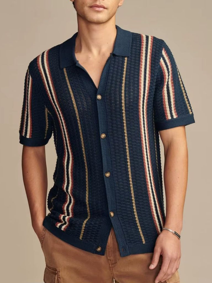 Open-Weave Knit Shirt with Vertical Stripes