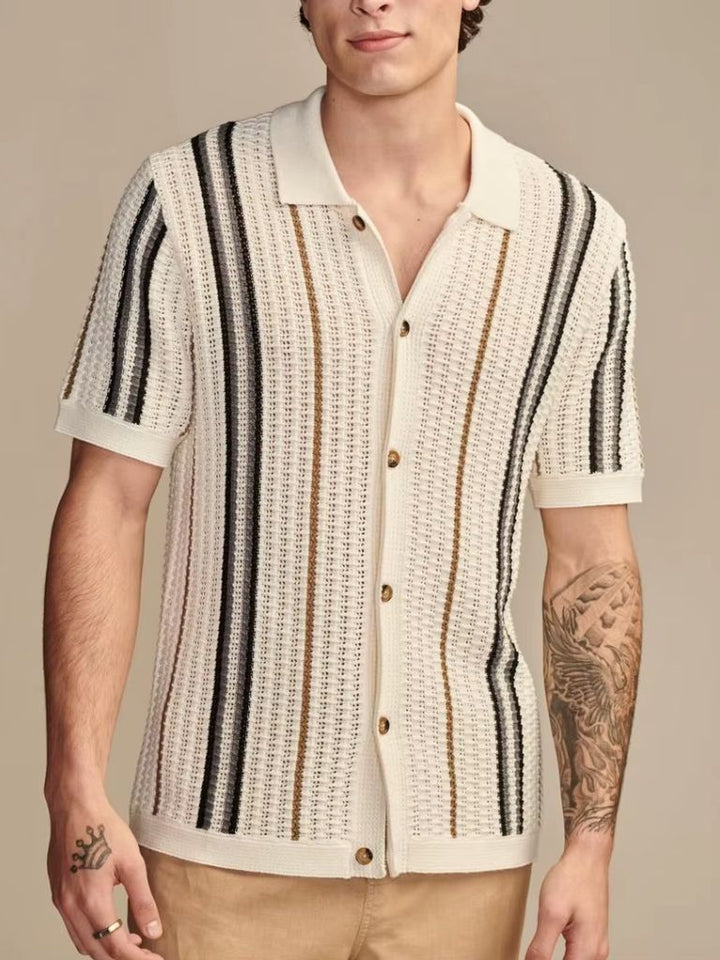 Open-Weave Knit Shirt with Vertical Stripes
